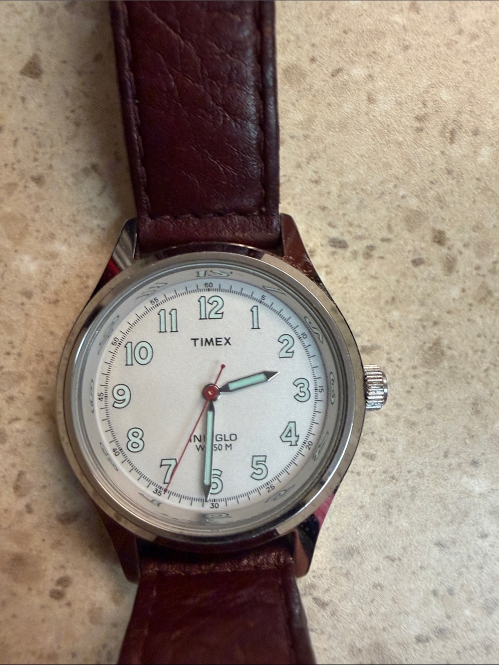 Timex Silver Case Watch with White Dial and Brown Leather Strap - Picture 2 of 3